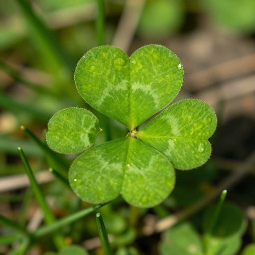 Close-up photograph of a vibrant green, four-leaf clover with dewdrops on each leaf, set against a blurred grass background.