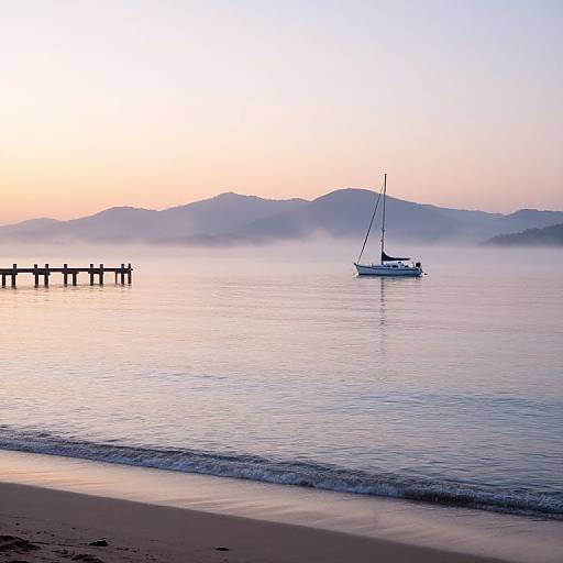 Photograph of a serene sunrise over a calm beach, featuring a small sailboat and a distant pier with silhouetted figures.