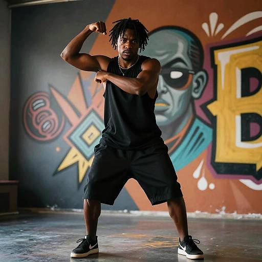 Photograph of a muscular black man with dreadlocks, flexing in a black tank top and shorts, standing in front of vibrant graffiti.