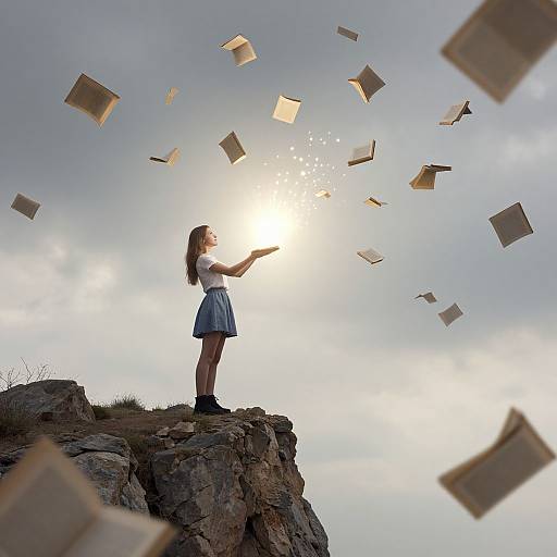 Photograph of a young woman with long brown hair, in a white shirt and blue skirt, standing on a rocky cliff, releasing floating books into a