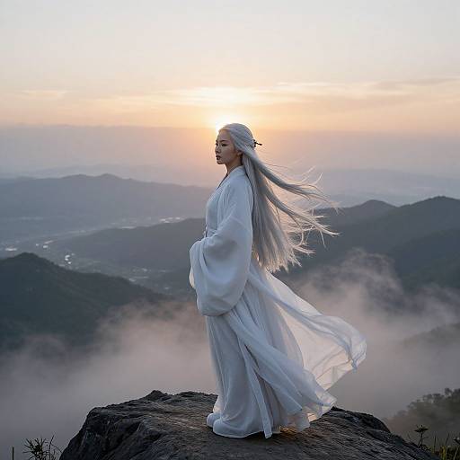 Photograph of a serene, white-robed woman with long, flowing silver hair standing on a mountain peak at sunrise, surrounded by misty valleys and