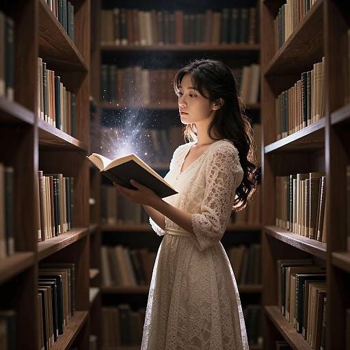 Photograph of a young woman with long dark hair, wearing a white lace dress, holding an open book emitting light, standing between wooden bookshelves