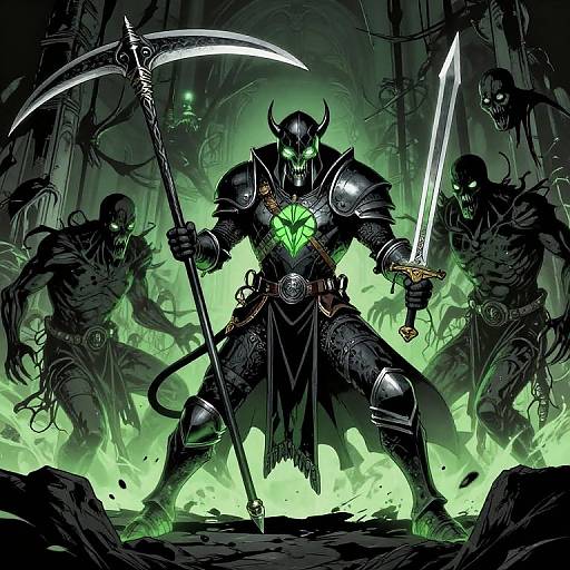 Digital art: Dark, armored demon warrior with glowing green heart, holding scythe and sword, surrounded by green mist and shadowy skeletons.