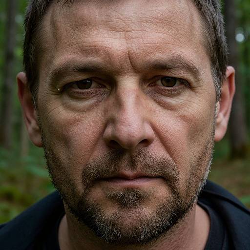Close-up photograph of a rugged, middle-aged man with a serious expression, short brown hair, and a beard, standing in a forest.