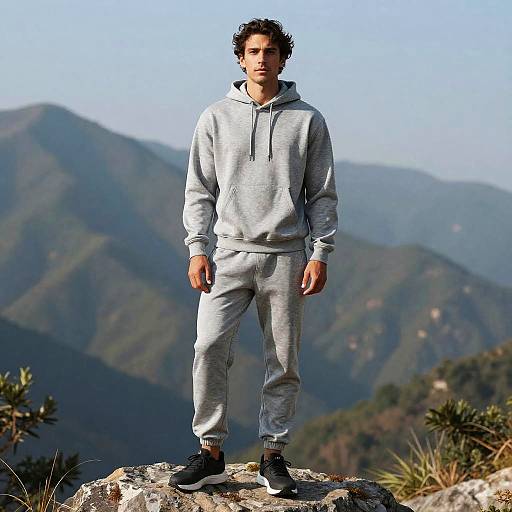 Man in Sweatsuit on Mountain Rock