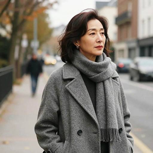 Photograph of a middle-aged Asian woman with short black hair, wearing a grey coat and scarf, standing on a city street. Blurred background includes
