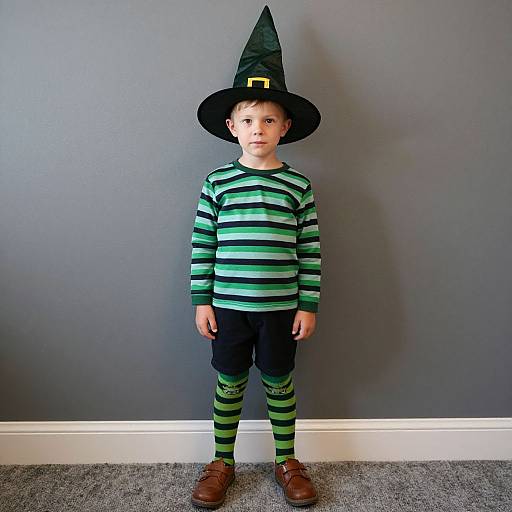 Photograph of a young boy in a black witch hat, green and black striped shirt, black pants, green and black striped socks, and brown shoes