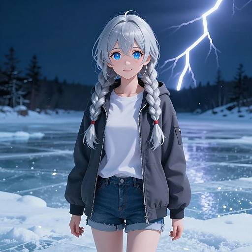 Anime-style digital drawing of a silver-haired girl with blue eyes, braided hair, white shirt, black jacket, and denim shorts, standing on a