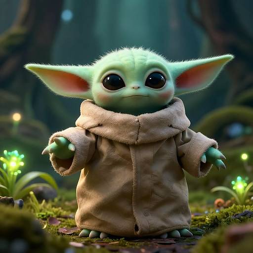 CGI image of a cute, green, goblin-like creature with large ears, wearing a beige, fur-lined cloak, standing in a mystical forest