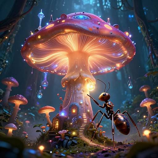 Fantastical forest scene: glowing mushroom house illuminated by fairy lights, large ant standing on steps, surrounded by bioluminescent fungi. Digital art