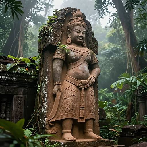 Photograph of a detailed, ancient stone statue of a serene, topless woman in traditional attire, surrounded by lush, misty jungle foliage.
