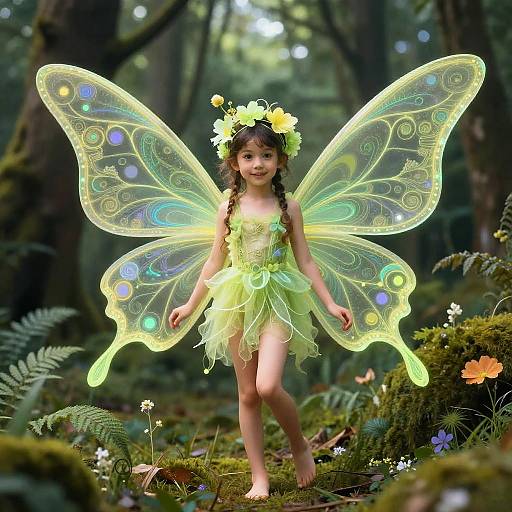 Photograph of a young girl with green fairy wings, yellow flower crown, and green tulle dress, walking in a lush forest.