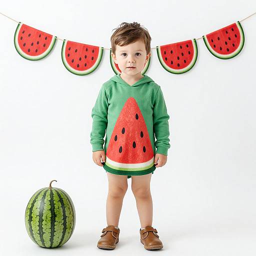 Photograph of a cute toddler in a green hoodie with a watermelon slice graphic, brown shoes, standing in front of a watermelon banner and a