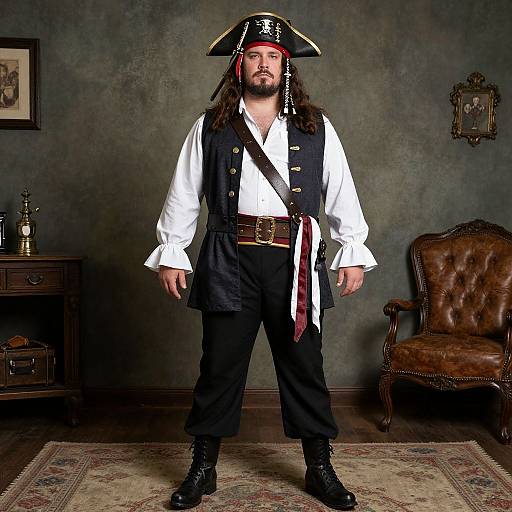 Photograph of a bearded man with long hair in a pirate costume, black vest, white shirt, and tricorn hat, standing in a dim