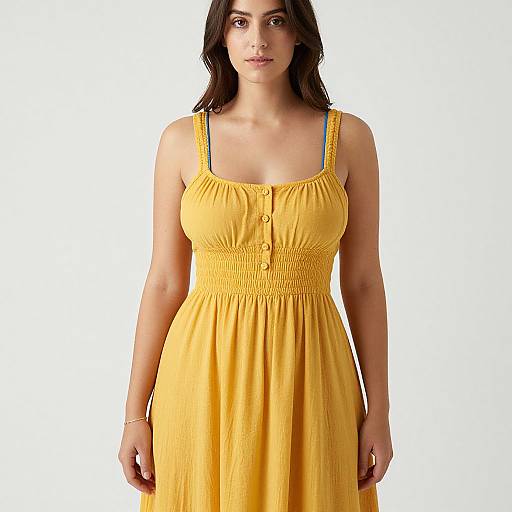 Photograph of a young woman with medium skin tone and dark brown hair, wearing a bright yellow, sleeveless, button-up dress, standing against a