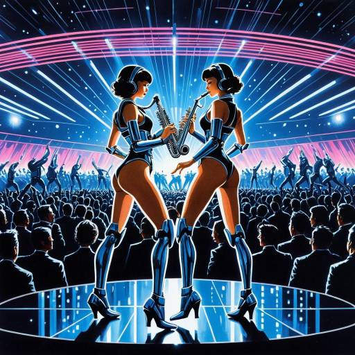 Retro-Futuristic Robot Musicians Duo on Neon Stage