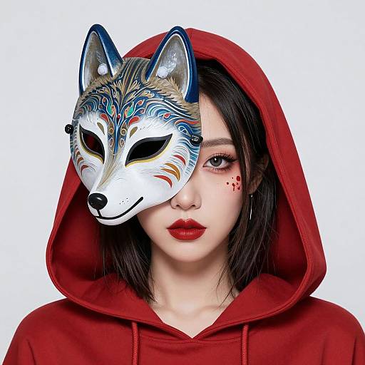 Photograph of an Asian woman with black hair wearing a red hoodie, a white fox mask with blue and gold accents, and red lipstick, against a