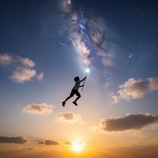 Silhouetted child with torch jumping against a vibrant sunset sky with the Milky Way stretching overhead. Photorealistic digital art.