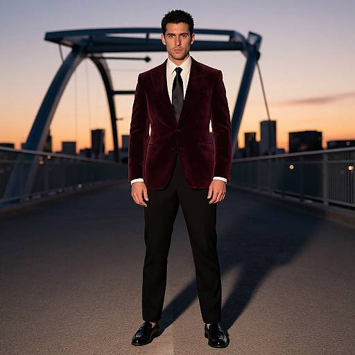 Photograph of a handsome, dark-haired man in a dark burgundy suit, white shirt, black tie, standing on a bridge at sunset, city