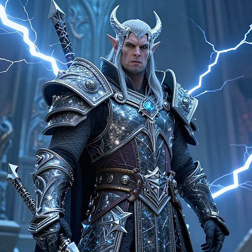 Digital artwork of a muscular, silver-haired demon warrior with horns, wearing ornate, silver armor, surrounded by blue lightning in a dark, gothic