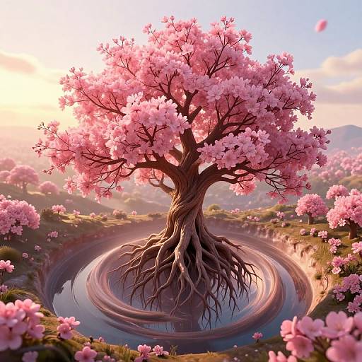 Digital artwork of a pink cherry blossom tree with intricate roots growing from a circular pond, surrounded by more blossoms under a sunset sky.