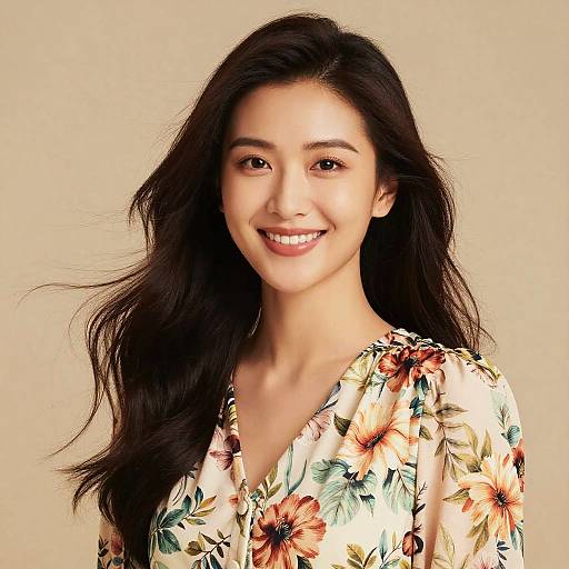Photograph of a smiling Asian woman with long, wavy black hair, wearing a floral blouse with orange and green flowers, against a plain beige background