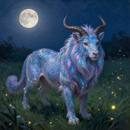 Digital art of a glowing, blue and purple unicorn-like creature with large horns, standing in a moonlit meadow surrounded by fireflies.