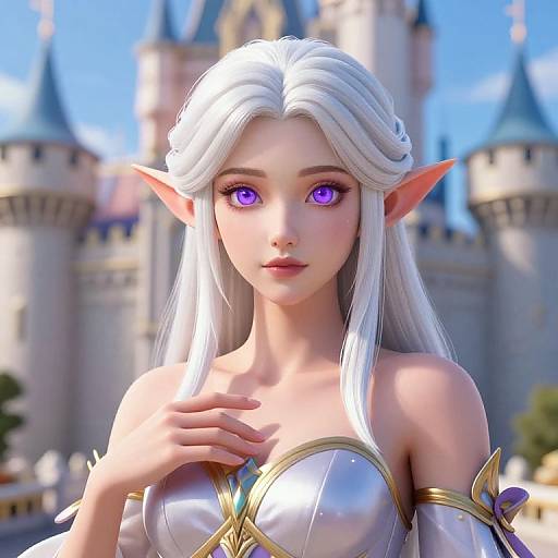 Digital art of a white-haired, purple-eyed, elven woman with pointed ears, wearing a silver and gold armored top, standing in front of a