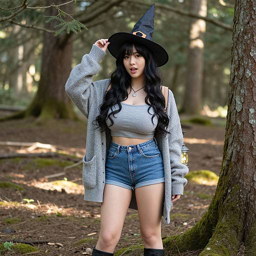 Photograph of an Asian woman in a forest, wearing a grey crop top, denim shorts, grey cardigan, black witch hat, and boots,