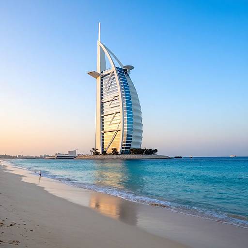 Photograph of the Burj Al Arab hotel, Dubai, standing on a sandy beach with clear blue ocean water and a gradient sky from orange to blue