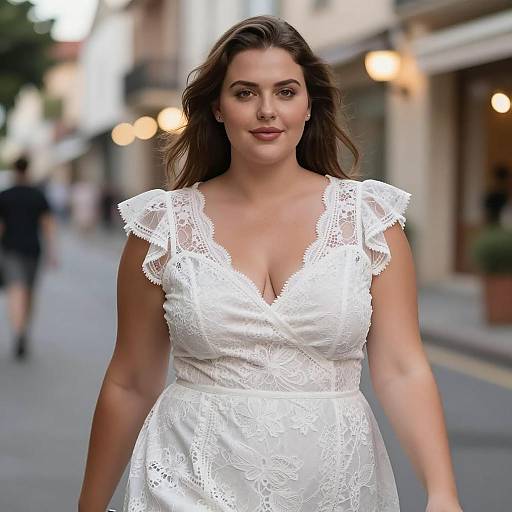 Plus-Size Woman in White Lace Dress on Street