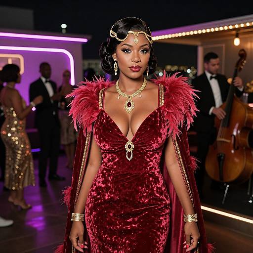 Photograph of a confident Black woman in a deep red velvet gown with feathered shoulders, gold jewelry, and headpiece, walking a glamorous night event