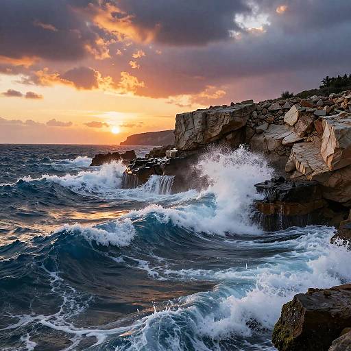 Photograph of a dramatic ocean sunset with rocky cliffs, crashing waves, and a vibrant, orange-pink sky with dark clouds.