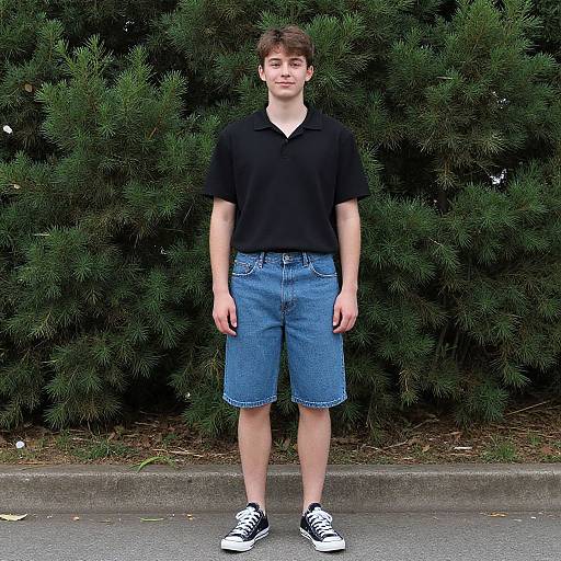 Photograph of a young boy with short brown hair, wearing a black polo, blue denim shorts, and black and white sneakers, standing in front of