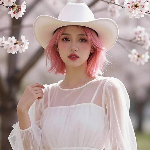 Photorealistic Pink-Haired Girl in Cherry Blossoms