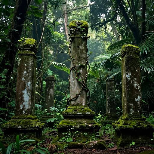 Photograph of overgrown, moss-covered stone pillars in a dense, lush jungle with vines and ferns, bathed in dappled sunlight.