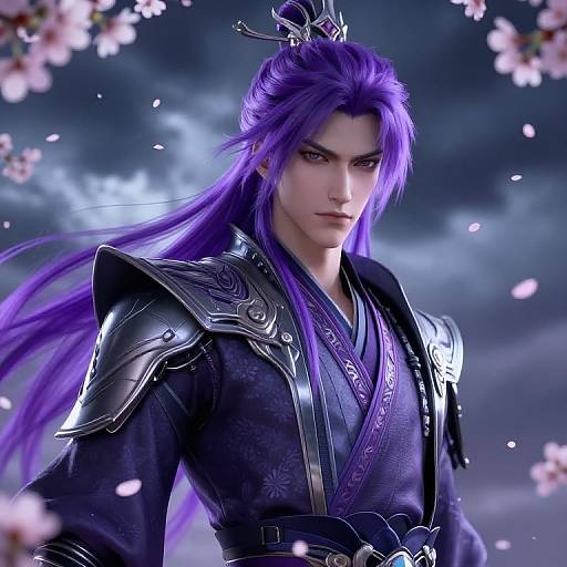 Digital artwork of a stern, purple-haired, armored male warrior with long hair, wearing a dark kimono, crowned with a metal ornament, amidst falling