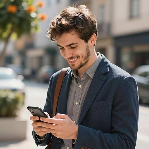 Smiling Young Man Using Smartphone Outdoors
