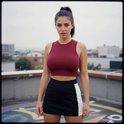 Photograph of a fit woman with dark hair in a high ponytail, wearing a maroon crop top and black skirt with white stripe, standing on