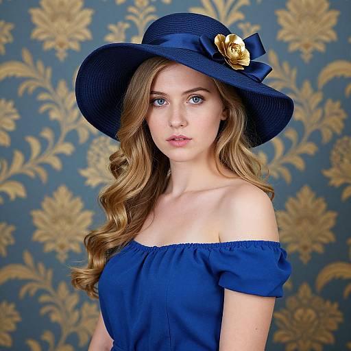 Photograph of a young woman with fair skin and blue eyes, wearing an off-shoulder navy dress and a blue hat with a gold flower,