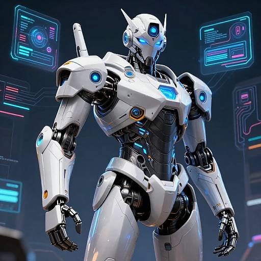 CGI image of a futuristic white and black humanoid robot with blue glowing accents, standing in a neon-lit cyberpunk environment.