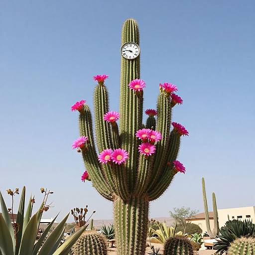 Photograph of a green, cactus with pink flowers and a white clock on top, set against a clear blue sky and desert landscape.