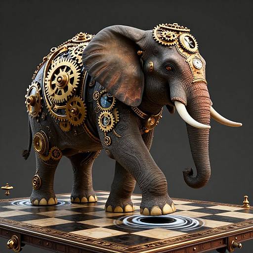Digital art of a steampunk elephant adorned with gears and blue gemstones, standing on a checkered chessboard platform. Dark background.