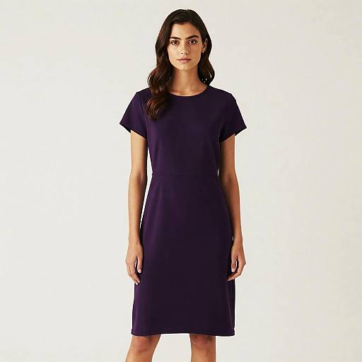 Photograph of a young woman with long dark hair, wearing a simple black short-sleeve dress, standing against a plain white background.