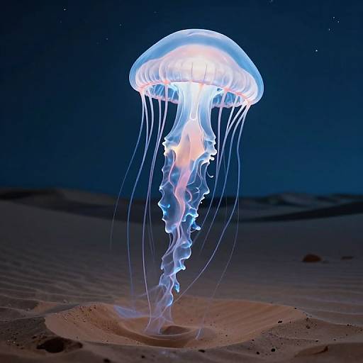 Photograph of a glowing, translucent jellyfish with long, wavy tentacles, illuminated against a dark blue night ocean backdrop, floating over sandy ocean