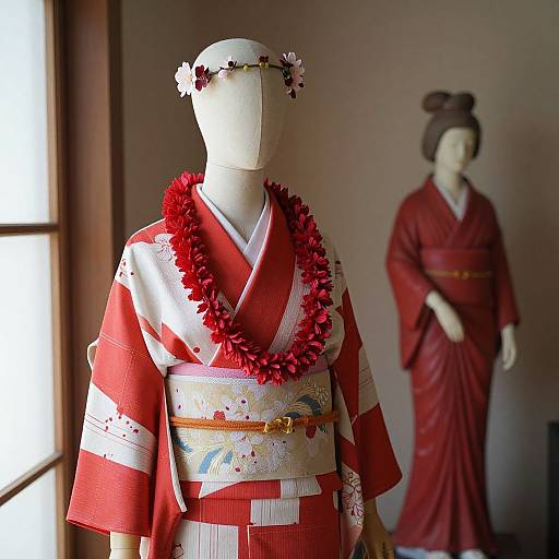 Photograph of a faceless mannequin in a red and white kimono with a red floral lei, standing beside a blurred Japanese-style doll in