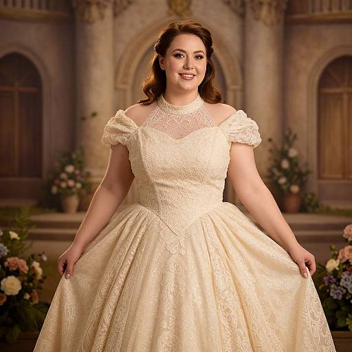 Photograph of a smiling, fair-skinned woman with wavy brown hair, wearing an off-shoulder, cream-colored, lace wedding dress,
