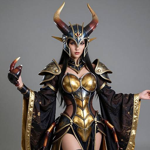 Photograph of a dark-haired woman in gold and black fantasy armor with horns, exposing cleavage, raising a clawed hand, against a gray backdrop
