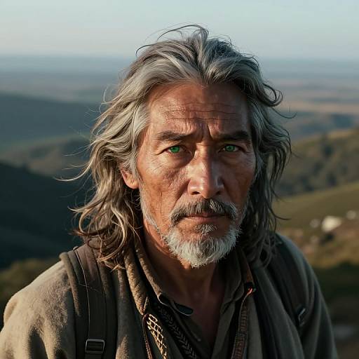 Photorealistic portrait of an older man with long, gray hair, green eyes, and a white beard, wearing worn, rustic clothing, against a