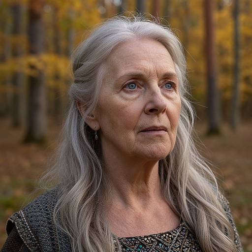 Photograph of an elderly woman with long, silver hair, blue eyes, and a thoughtful expression, standing in a forest with autumn-colored trees. She